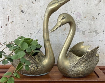 Vintage MCM Set Of 2 Large Brass Swan Planters