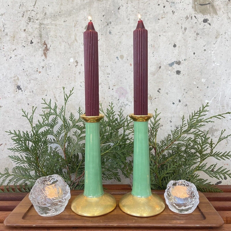 VTG Pickard Porcelain Candlesticks 24k Gold Gilt Jade Green Lustre Rose & Daisy image 2