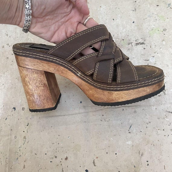 Vintage Y2K Leather Strappy Mules Wooden Platform Sandals by