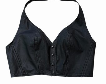 Vintage Schwarz Leder Neckholder Top 80er/90er Motorrad Mama Biker Babe, L