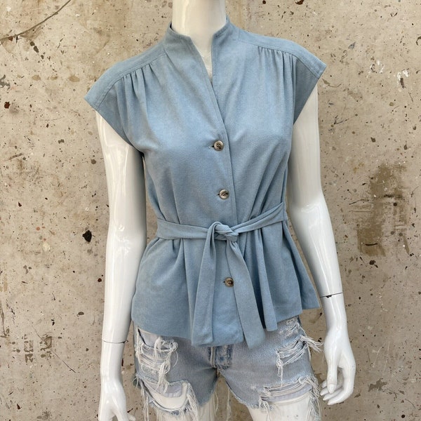 Vintage Ice Blue 70’s Belted Terry Top/Blouse, Small