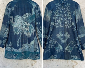 Y2K Vintage Indigo Cotton Asian Inspired Jacket Floral & Bird Print, S/M