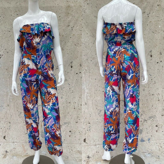 Vintage Early 80’s Tropical Print Jumpsuit Rayon … - image 1