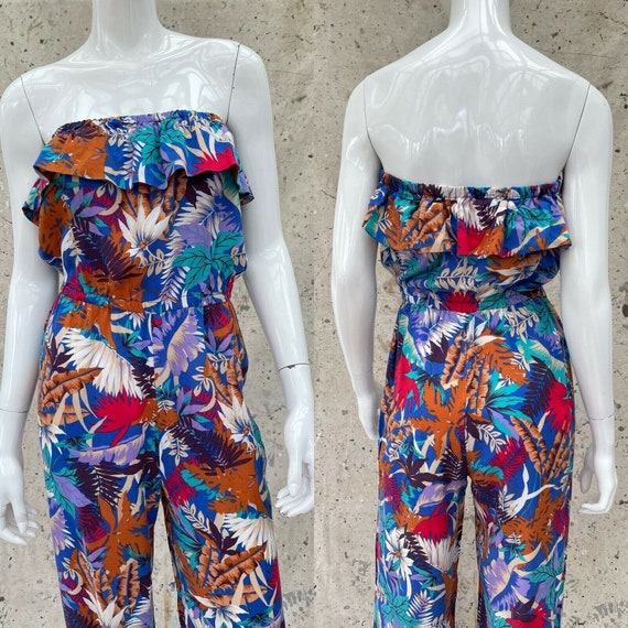 Vintage Early 80’s Tropical Print Jumpsuit Rayon … - image 3