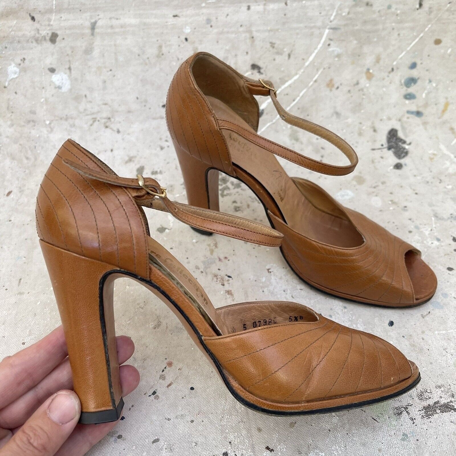 Cognac peep shop toe heels