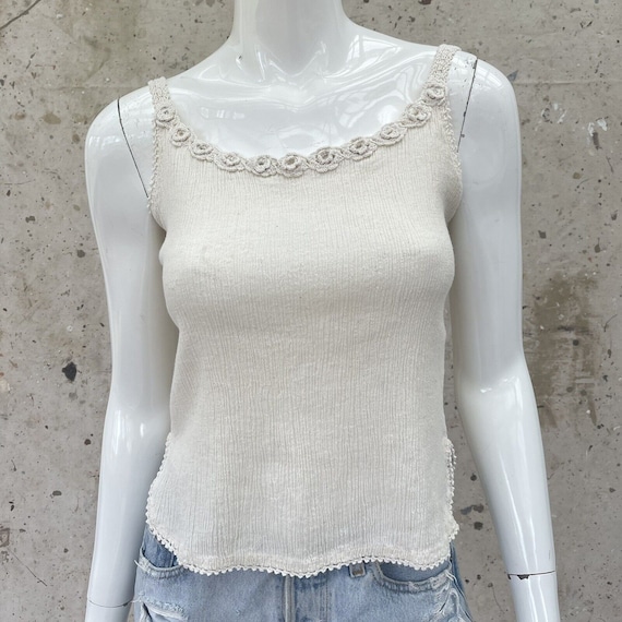 Vintage 1970’s Gauzy, Stretchy Cream Tank Top w/ … - image 1