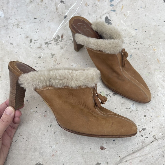 Sabot vintage Y2K in shearling, pelle scamosciata e pelle con