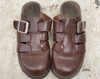 Mules en cuir tressé marron vintage des années 90, taille 6