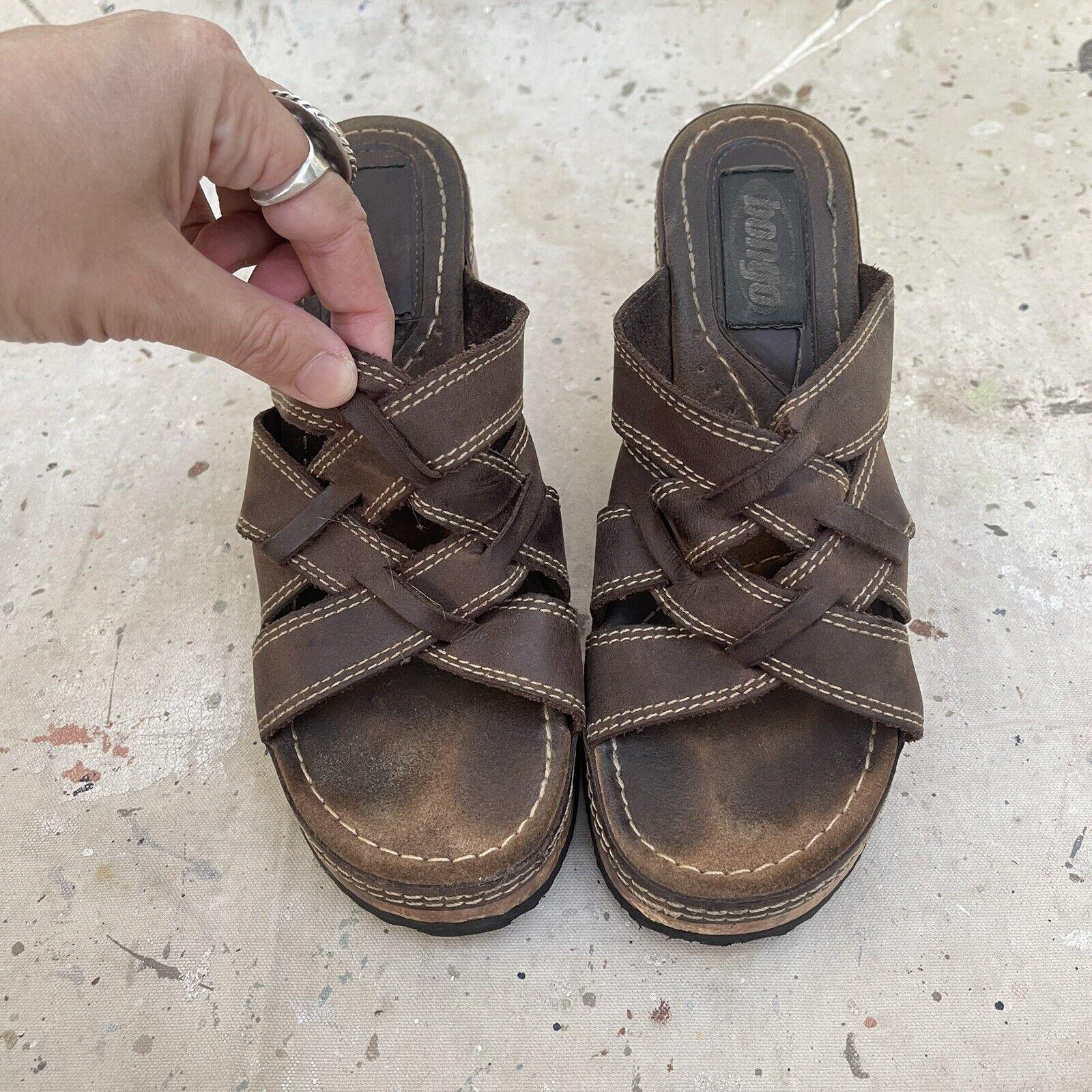 Vintage Y2K Leather Strappy Mules Wooden Platform Sandals by
