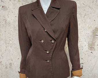 Vintage 1940er Jahre Gabardine Schokoladenwolle Jacke mit Senfgelbem Futter, S / M