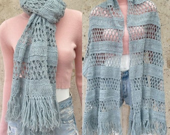 Vintage Ice Blue Silver Sparkle Hand Crocheted Wrap/Scarf