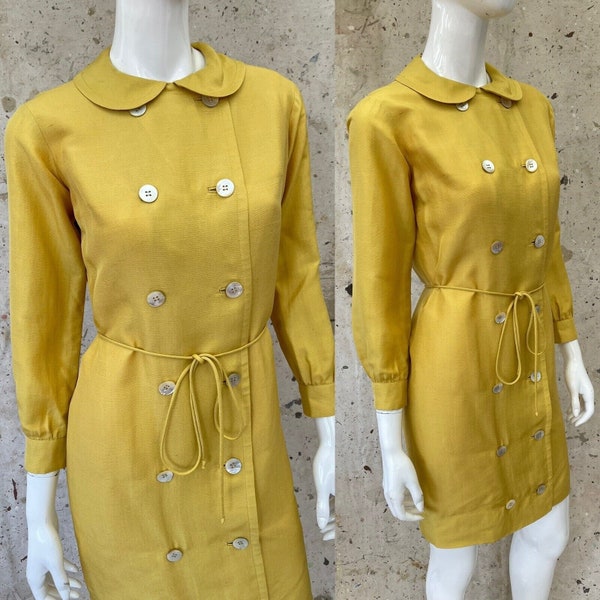 VTG XXS années 1960 jaune soleil soie double boutonnage robe/veste col Claudine