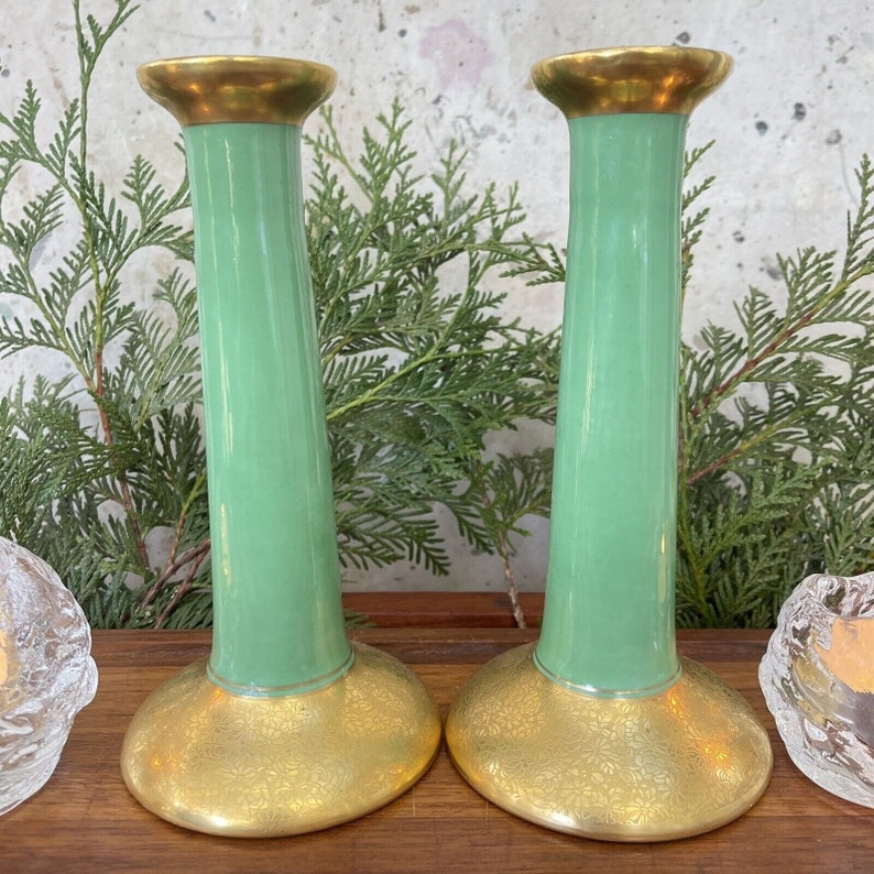 VTG Pickard Porcelain Candlesticks 24k Gold Gilt Jade Green Lustre Rose & Daisy image 8