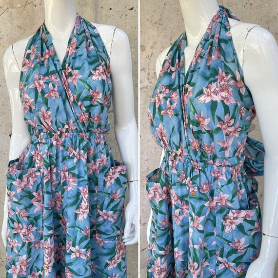 Vintage 80’s Pink Floral Cotton Halter Dress - image 3