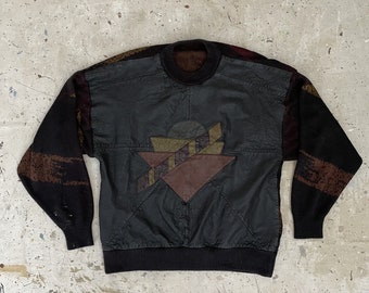Vintage 1980s Acrylic and Leather Italian Abstract Art Sweater Men’s XL