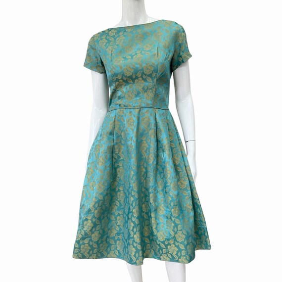 1950’s Silk Jacquard Floral Dress, Turquoise, Small