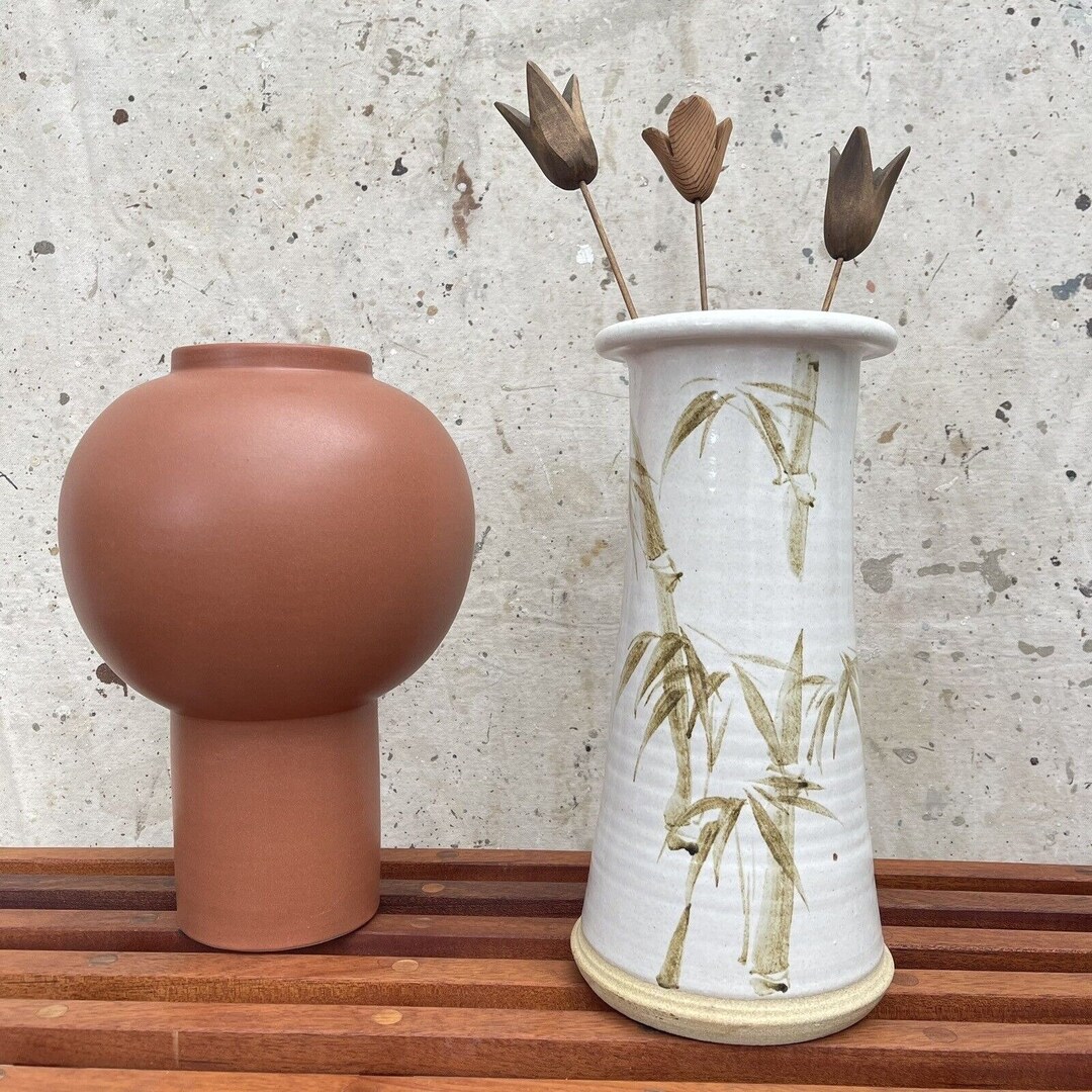 Vintage Large MCM Stoneware Vase Hand Painted Bamboo Pattern 12” - Etsy