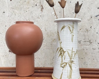 Vintage Large MCM Stoneware Vase Hand Painted Bamboo Pattern 12”