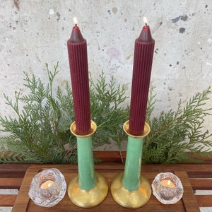 VTG Pickard Porcelain Candlesticks 24k Gold Gilt Jade Green Lustre Rose & Daisy image 5