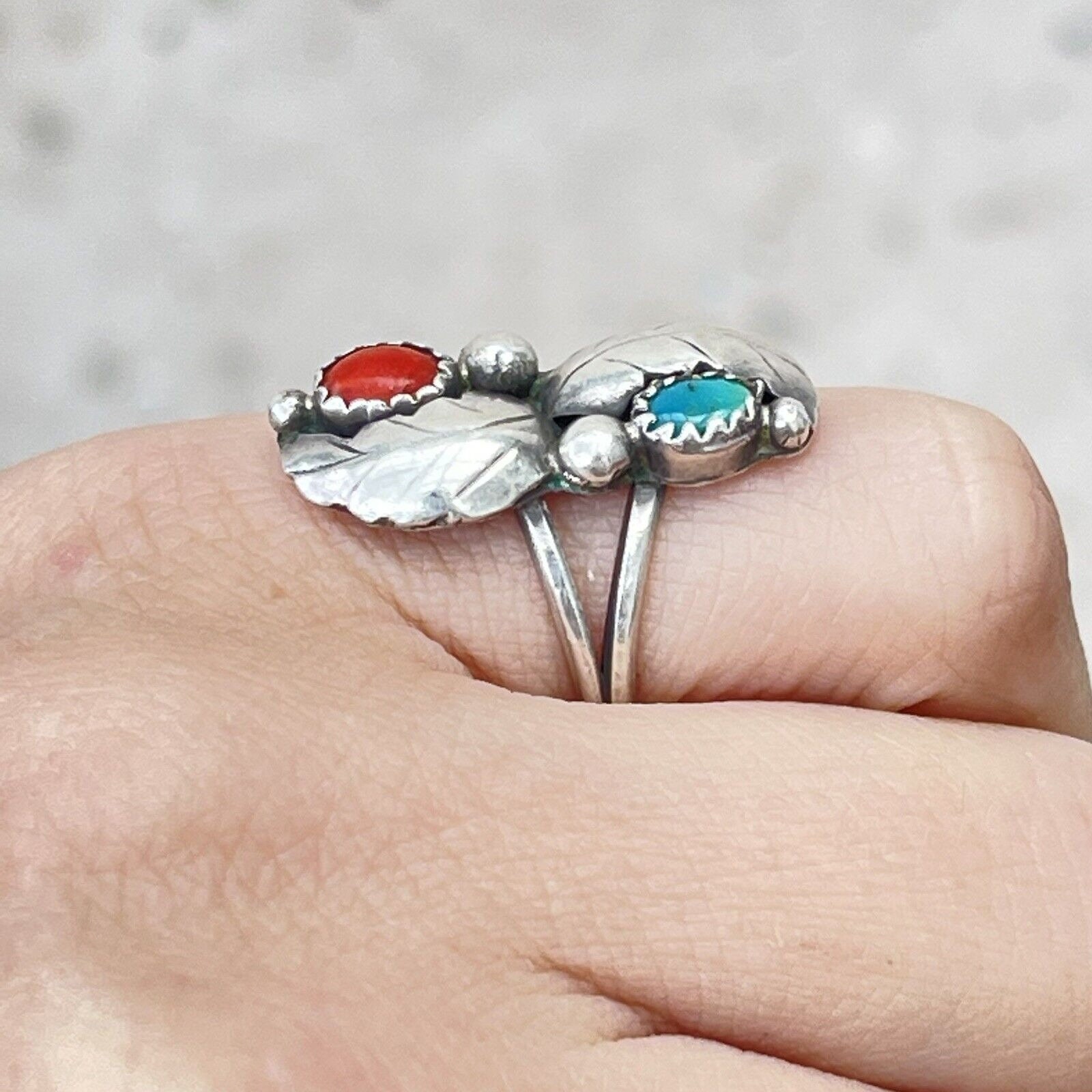 Vintage Navajo Sterling Silver Turquoise & Coral Leaf Ring 5.5 - Etsy