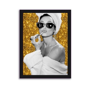 Audrey Hepburn Style Glitter Art, Gold Glitter Art, Lady In Head Towel, Glam Wall Art, Beauty Room Decor, Glitter Wall Art, Bathroom Prints