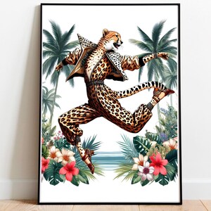 Stampa di ghepardo, antropomorfo, decorazione di dopamina, poster retrò, poster della giungla, rockstar, arte murale funky, arte dell'appartamento, antropomorfismo