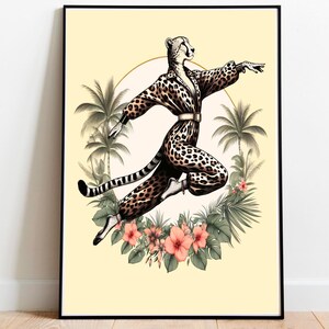 Antropomorfo, stampa di ghepardo, combattimento di kung fu, poster retrò, poster della giungla, arte murale funky, arte dell'appartamento, arte kitsch, antropomorfismo