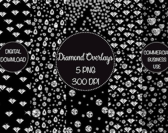 May include: Five digital diamond overlay patterns in black and white. The patterns feature different diamond shapes and sizes. The text "Diamond Overlays", "5 PNG", and "300 DPI" is displayed in the center of the image. The text "Digital Download" and "Commercial Business Use" is displayed in the corners of the image.
