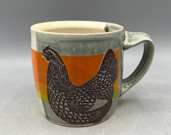 Grey and White Chicken Mug with Orange and Yellow Stripes