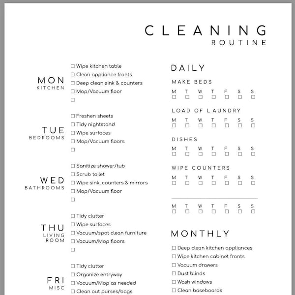 Printable Cleaning Schedule for a Tidy Home | Digital | Editable