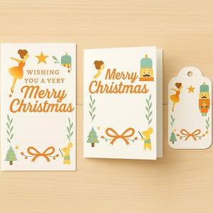 Op de afbeelding: Kerstmis-thema briefpapier set met een kaart, een label en een kaart met een blanco ruimte. De ontwerpen omvatten een ballerina, een notenkraker, een ster en de teksten "Wishing You a Very Merry Christmas" en "Merry Christmas".