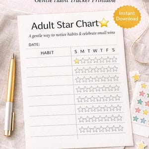Gráfico de estrellas para adultos imprimible / Seguimiento de hábitos suaves / Adaptado para TDAH / Seguimiento de pequeños logros / Planificador minimalista