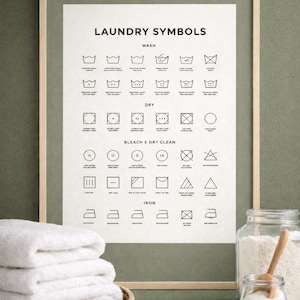 Guide imprimable des symboles de lessive - Tableau d'entretien du tissu - Aide-mémoire sur les symboles de lavage - Art mural de la buanderie - Tableau minimal de lessive