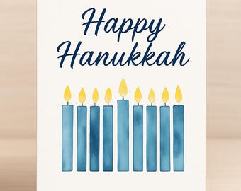 Tarjeta de Janucá en acuarela: Menorá con vela azul, festividad judía (descarga digital)