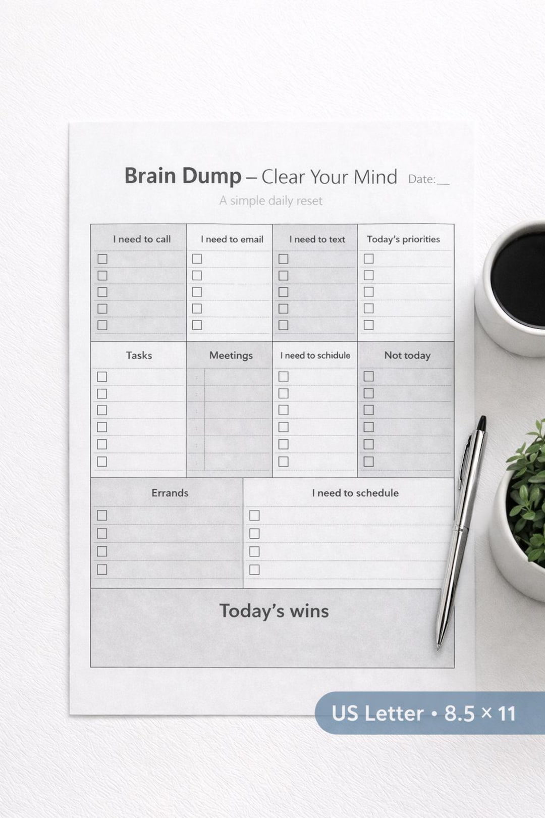 Brain Dump Printable | Daily Reset Planner | ADHD Friendly | US Letter ...