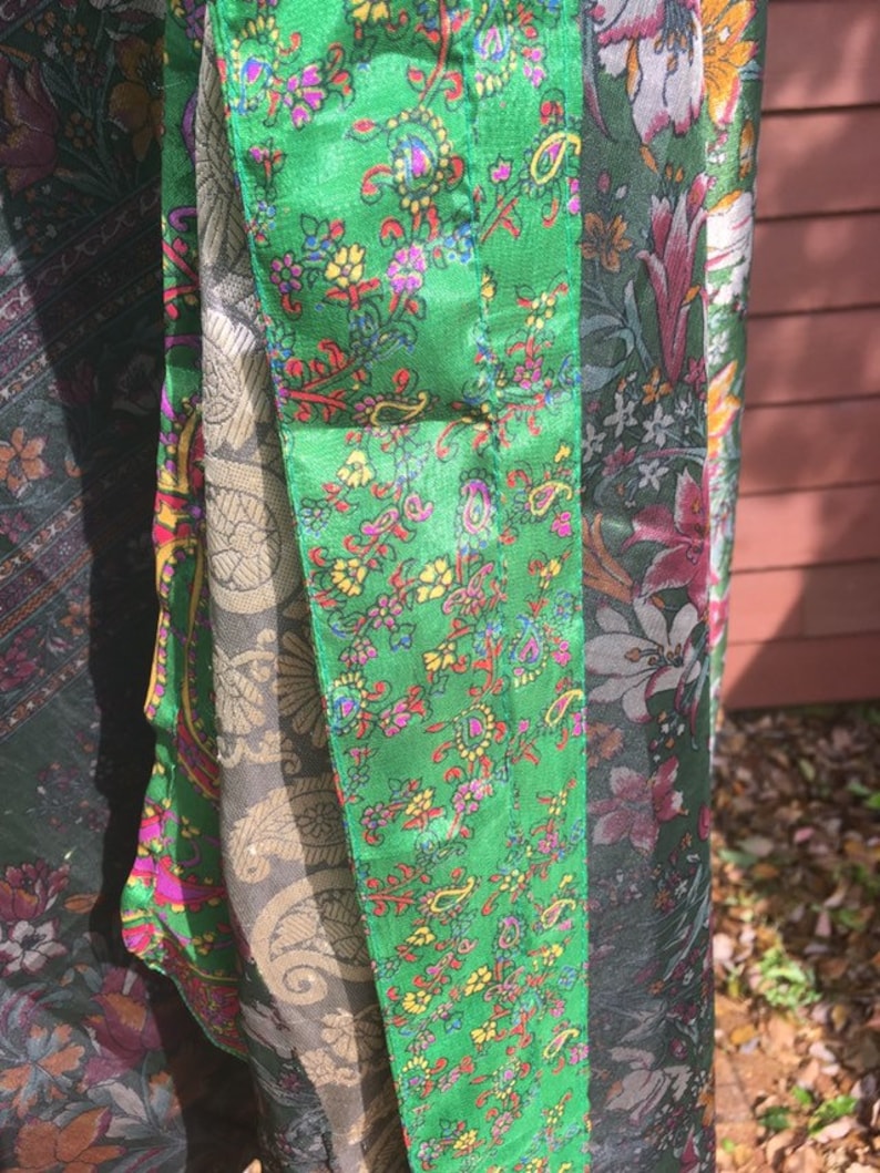 Hippie dress Vintage green floral silk reversible indian sari magic wrap skirt dress ONE SIZE Skirt Boho 36 long