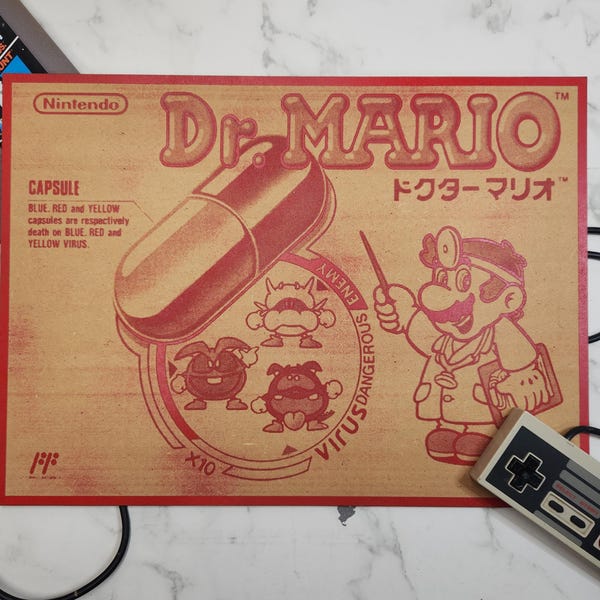 Promoción japonesa de Dr. Mario: ¡Arte mural retro de videojuegos NES grabado con láser!