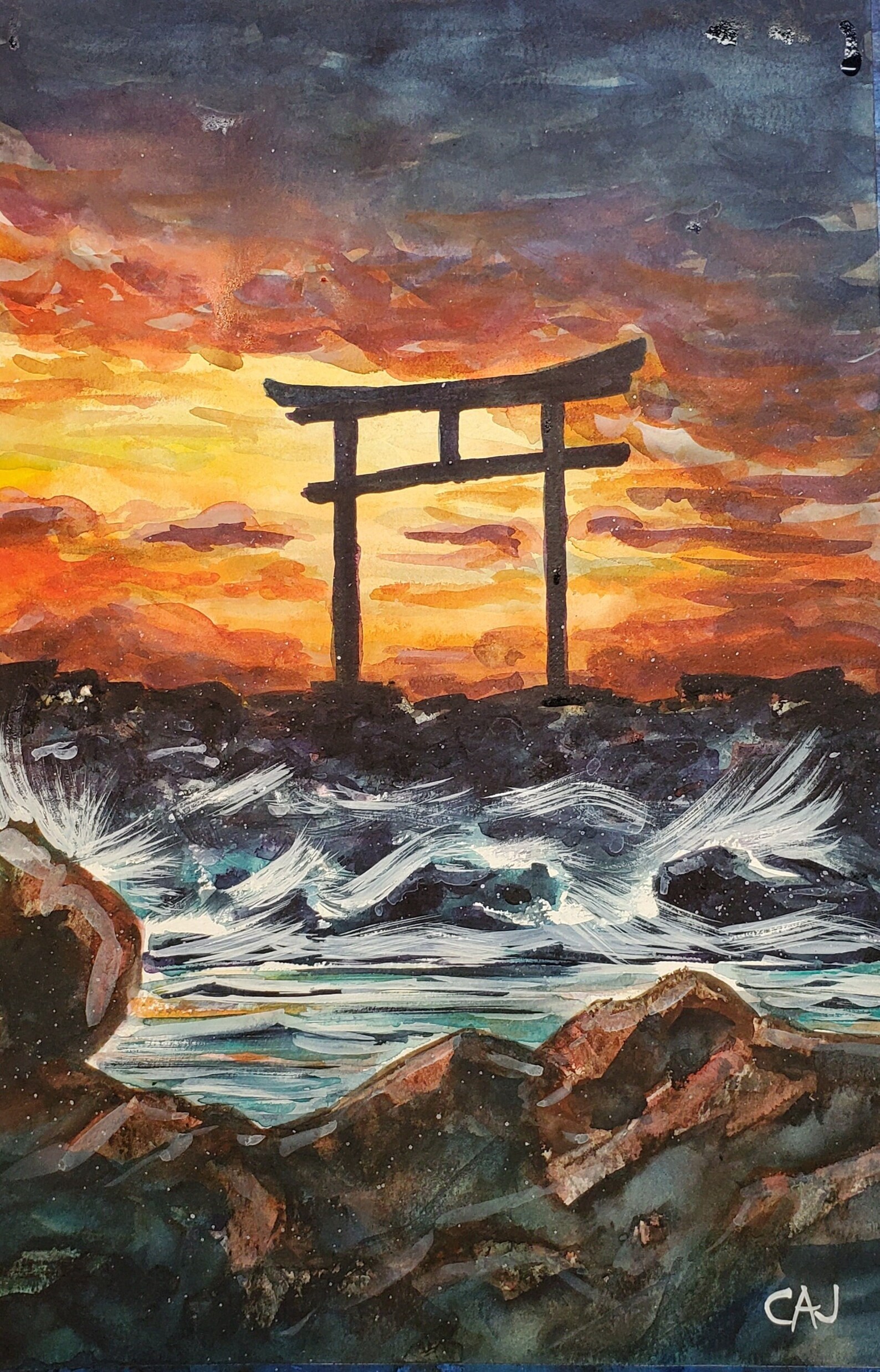 Oceanside Shrine - Torii Gate Watercolor Painting - Digital Print ...