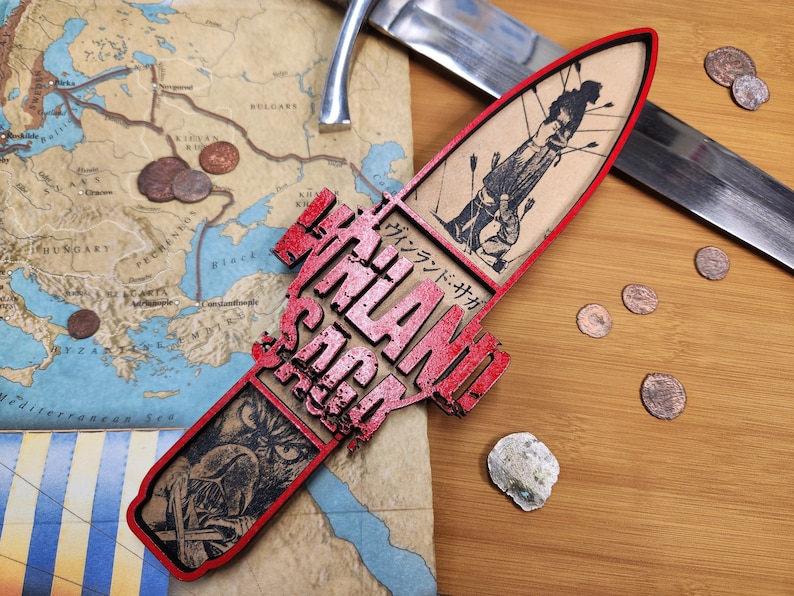 Thorfinn's dagger laser engraved artwork. Made with MDF and acrylic paint. Designed to show the rage and grief of Thorfinn in Season One of Vinland Saga. Ready to hang.