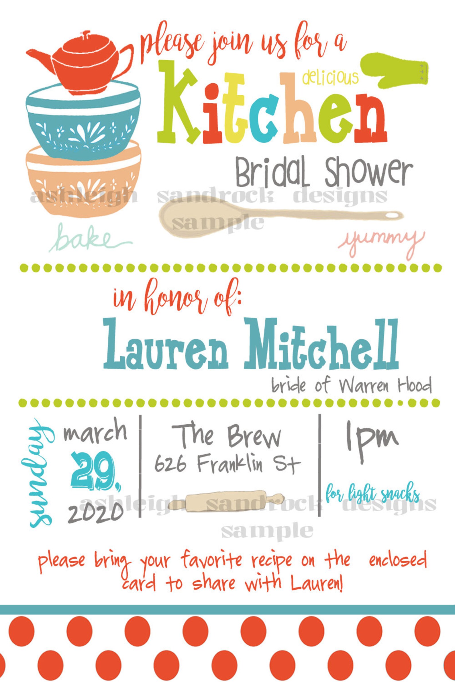 Pampered Chef Kitchen Recipe Bridal Shower Invitation Bridal - Etsy