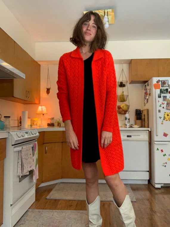Vintage 60s Hand Knit Red Long Cardigan