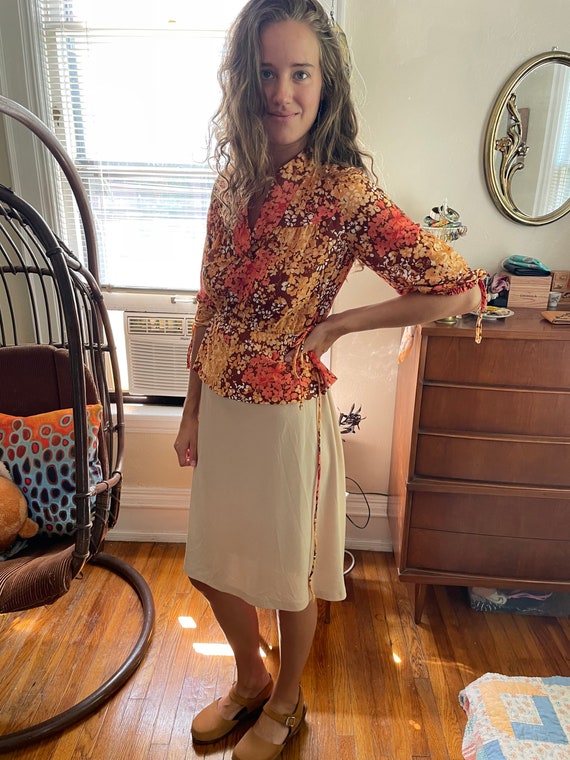 70s Peach/Orange Floral Midi Dress - image 2