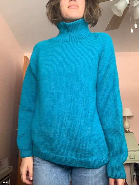 Vintage 80s Teal Hand-Knit Turtleneck Sweater