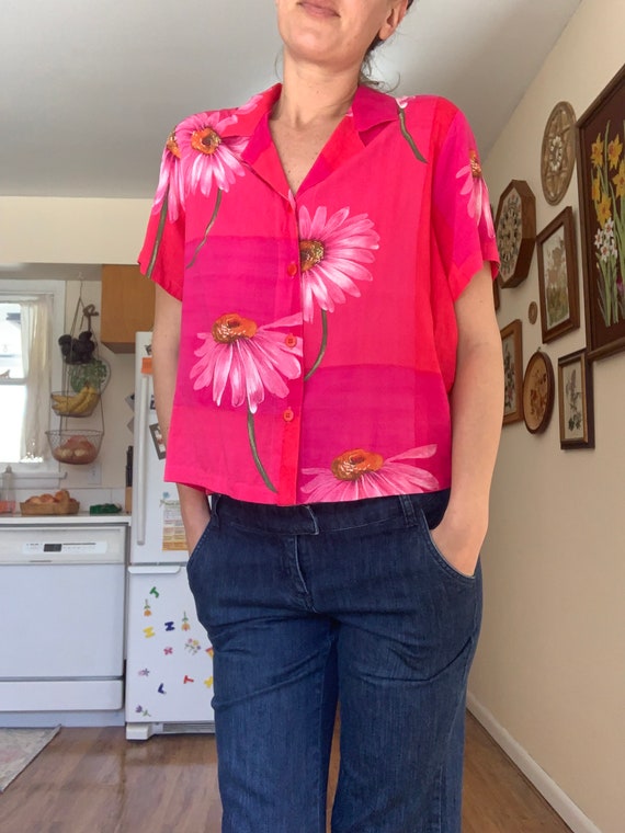 Vintage 90s Pink Daisy Rayon Button Up