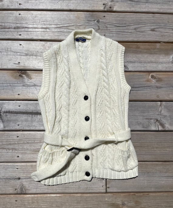60s Cable Knit Belted Sweater Vest Etsy