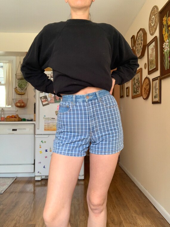 90s High Waisted Denim Plaid Outlaw Shorts