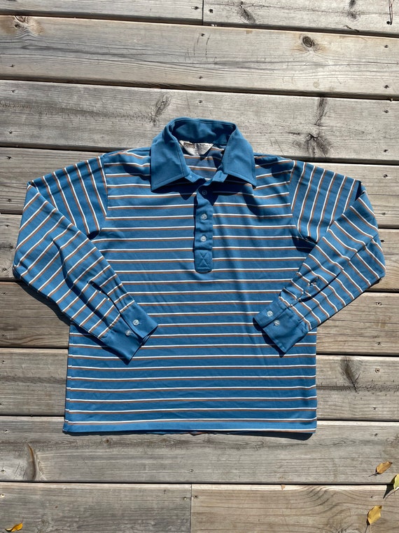 Vintage 70s Blue Striped Cotton Polyester Blend L… - image 2