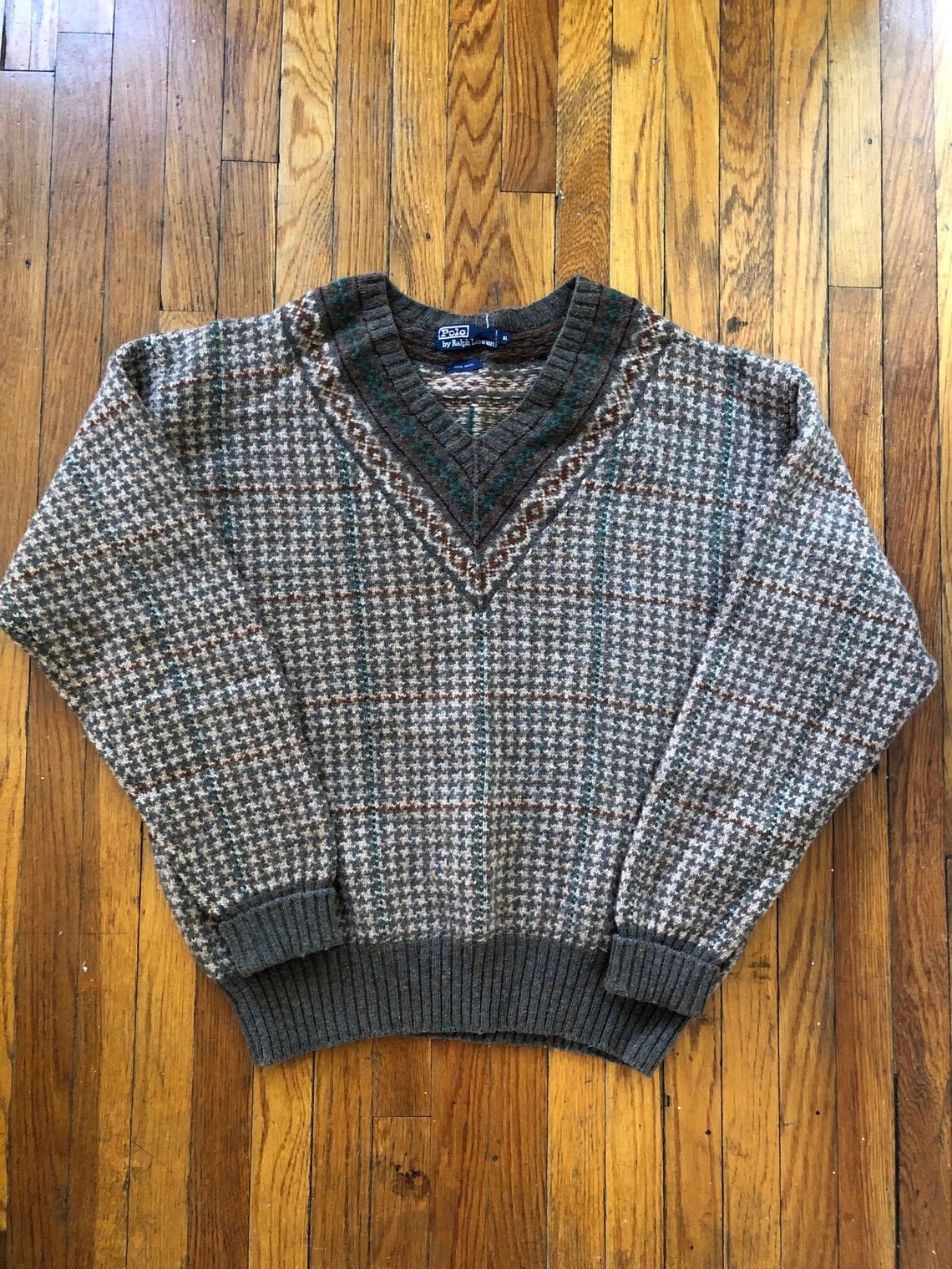 Retro Wool V Neck Ralph Lauren Houndstooth Sweater | Etsy