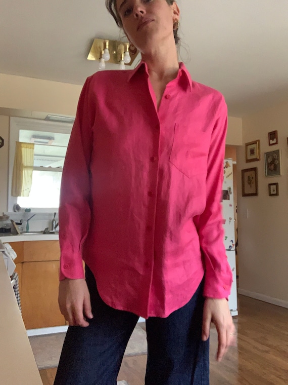 Retro 90s Ralph Lauren Linen Pink Button Up Shirt - image 1