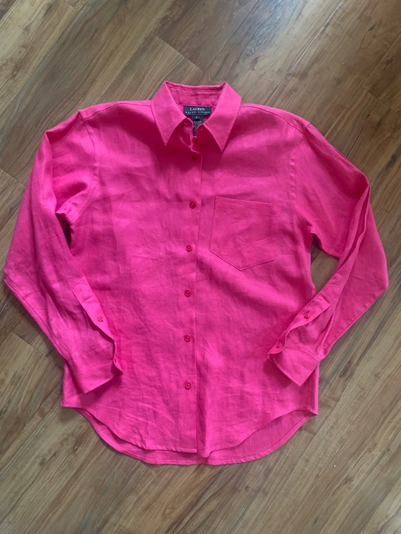 Retro 90s Ralph Lauren Linen Pink Button Up Shirt - image 3